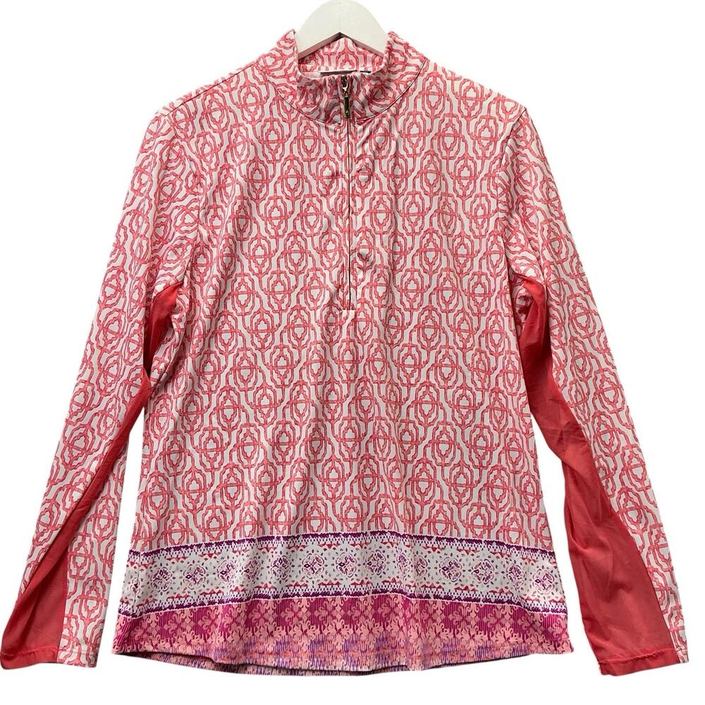 Cabana Life Womans Blouse Top Orange Geometric Sz. XL Nylon Long Sleeve Zip